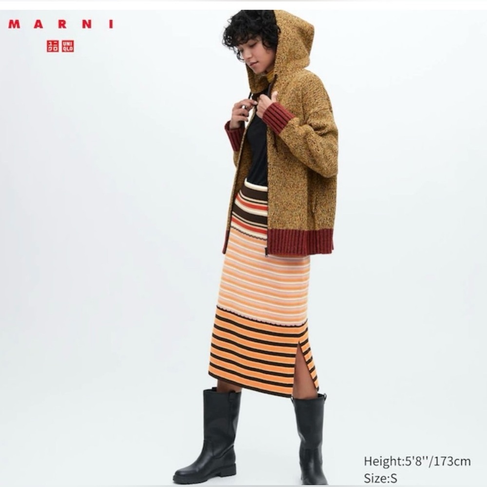 Uniqlo Striped Knit Midi Skirt in Orange, Black, Cream